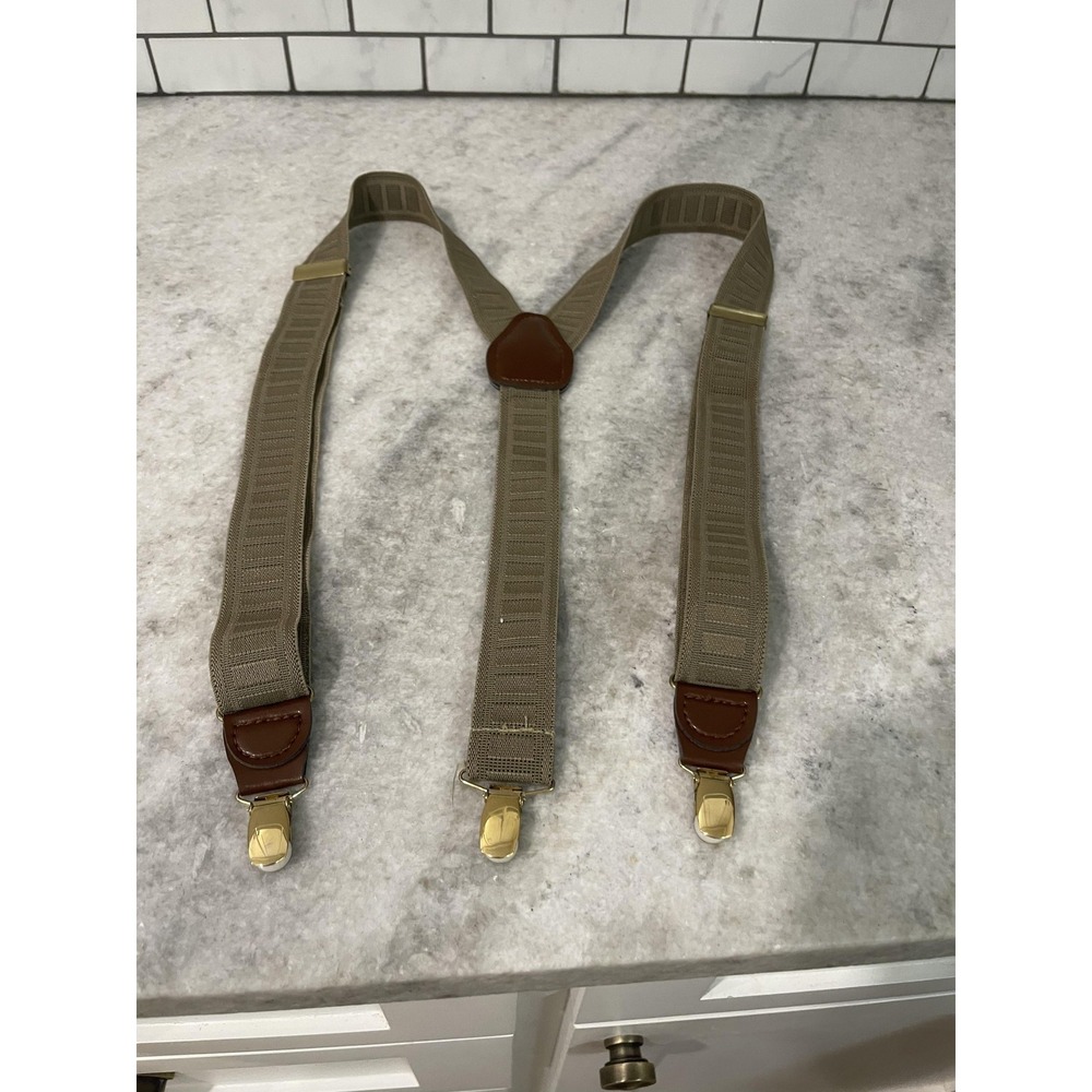 Suspenders Mens Khaki Tan Elastic Y Back Brown Leather Adjustable Gold Clips